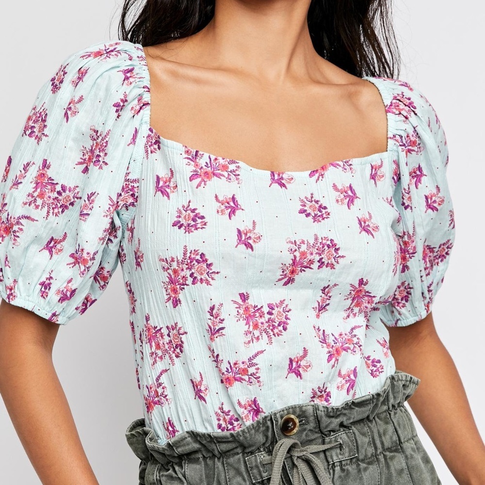 Free People Angela Sky Blue Floral Puff Sleeve Square Neck Bodysuit EUC Size XL